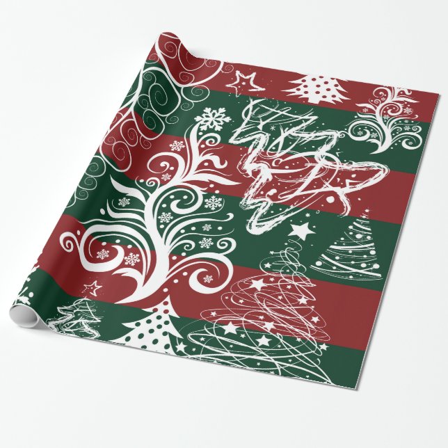 Festive Holiday Christmas Tree Red Green Striped Wrapping Paper (Unrolled)