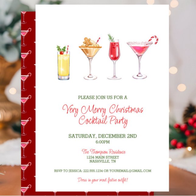 Festive Holiday Cocktail Party Christmas Invitation (Very Merry Christmas Cocktail Party, Red Candy Cane Martini, Gingerbread Drinks, Holiday Party)