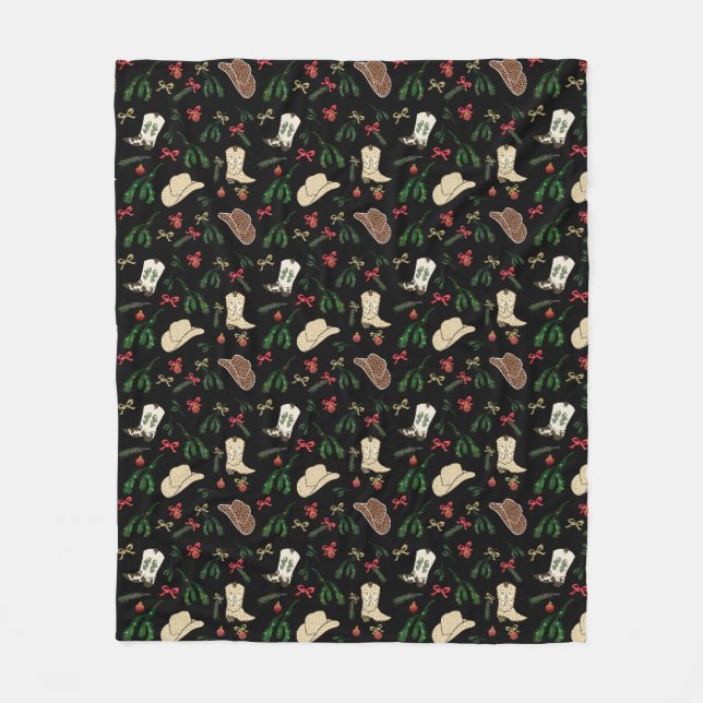 Festive Holiday Cowboy Rodeo Pattern Black Fleece Blanket (Front)