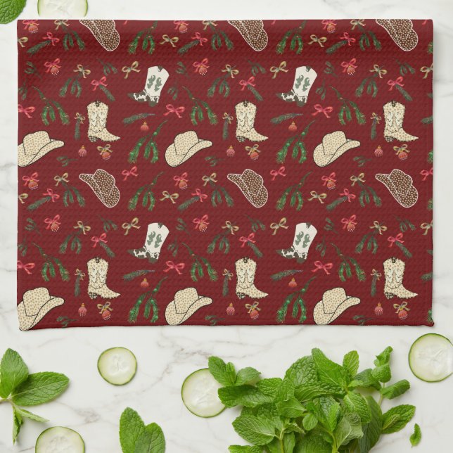 Festive Holiday Cowboy Rodeo Pattern White Tea Towel (Folded)