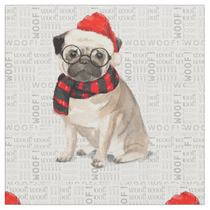 Festive Holiday Cute Pug Dog Christmas Fabric