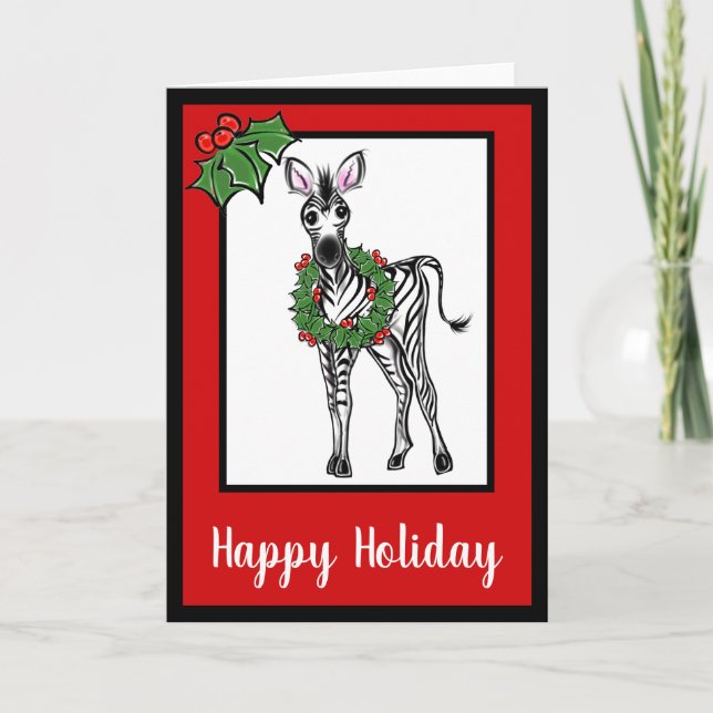 Festive Holiday cute Zebra drawing holly leaves Card (Front)