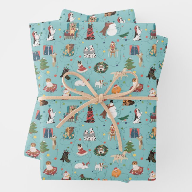 Festive Holiday Dogs in Christmas Sweaters Pattern Wrapping Paper Sheet (In situ)