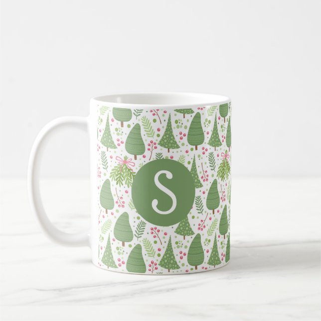 Festive Holiday Fir Trees Monogram Mug (Left)