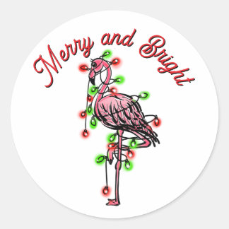 Festive holiday Flamingo red green Xmas lights Classic Round Sticker