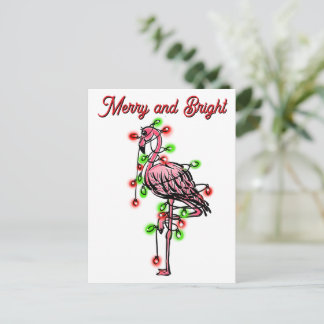 Festive holiday Flamingo red green Xmas lights Postcard