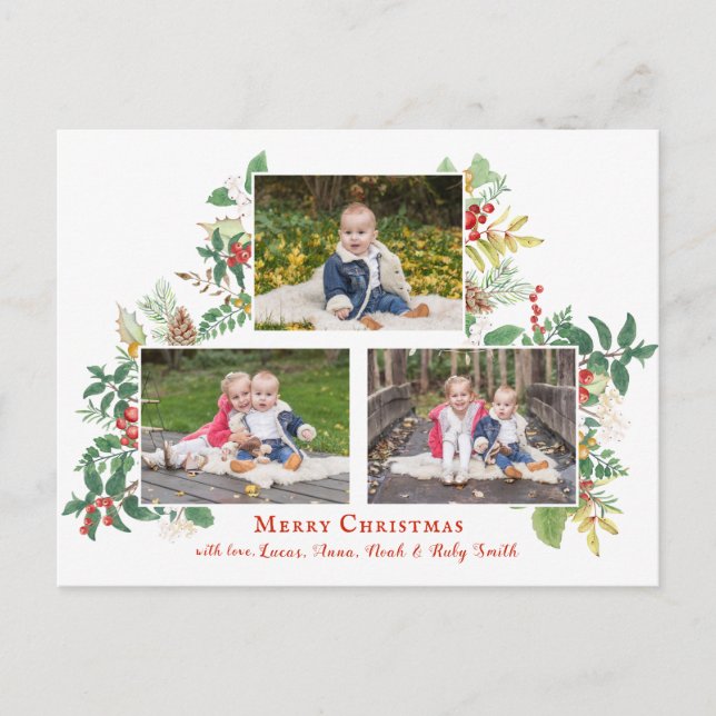 Festive Holiday Floral Three Photo Postcard (Front)