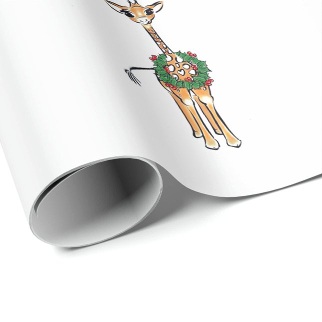 Festive Holiday  Giraffe - green-red Holly wreath Wrapping Paper (Roll Corner)