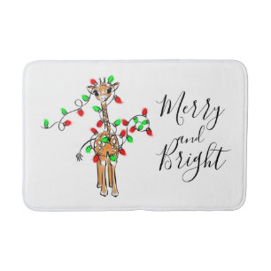 Festive holiday Giraffe, green red twinkle lights Bath Mat