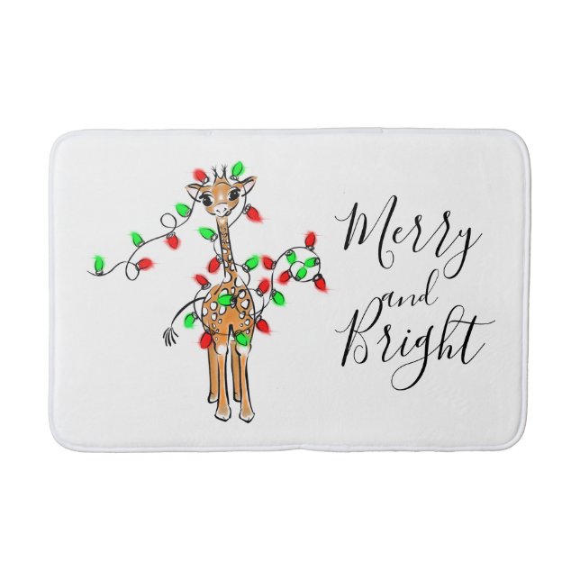 Festive holiday Giraffe, green red twinkle lights Bath Mat (Front)