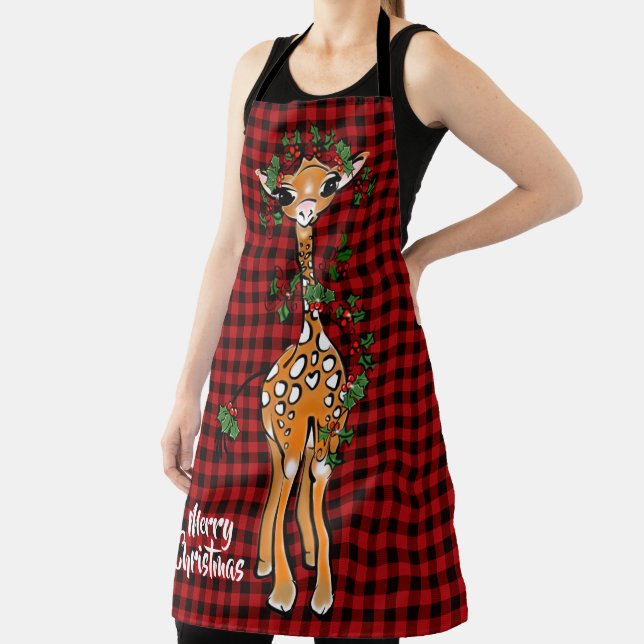 Festive Holiday Giraffe, holly garland , red plaid Apron (Insitu)