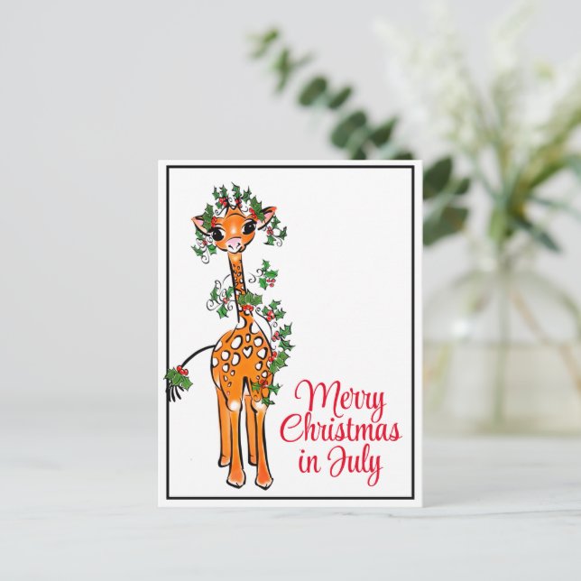 Festive holiday Giraffe Merry Christmas in July Postcard (Standing Front)
