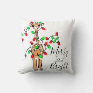 Festive holiday giraffe, red green twinkle lights  cushion
