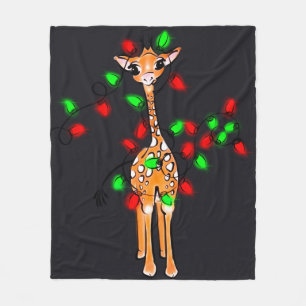 Festive holiday giraffe, red green twinkle lights fleece blanket