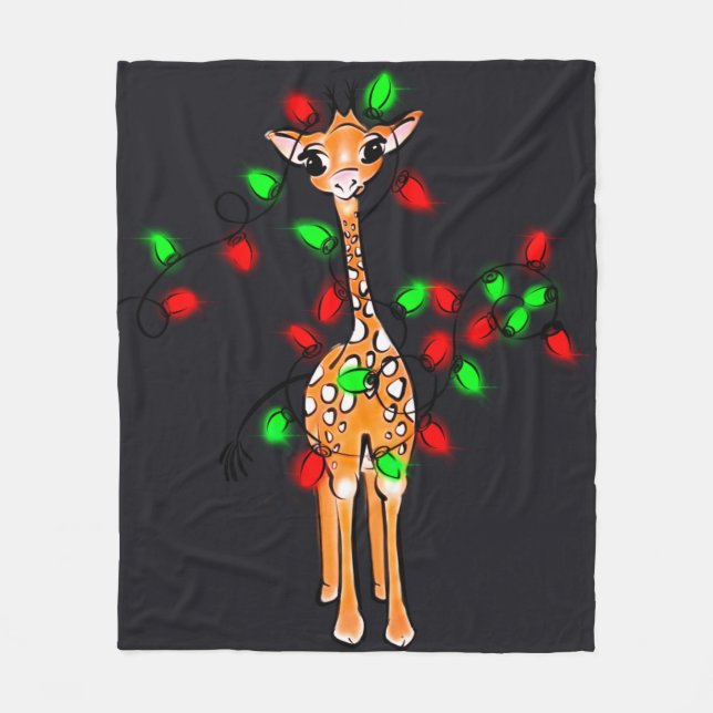 Festive holiday giraffe, red green twinkle lights  fleece blanket (Front)