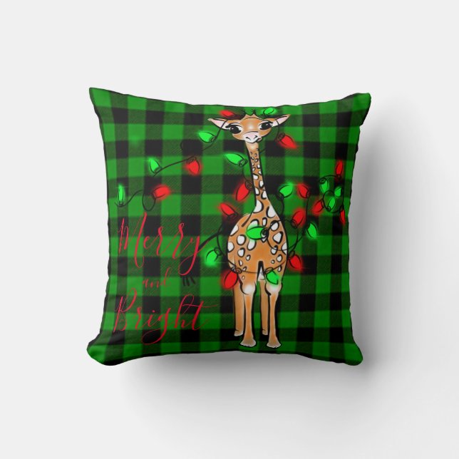 Festive Holiday Giraffe,  twinkle light,  plaid Cushion (Front)