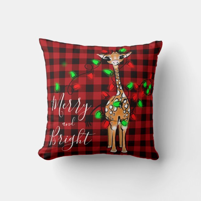 Festive Holiday Giraffe,  twinkle light, red plaid Cushion (Front)