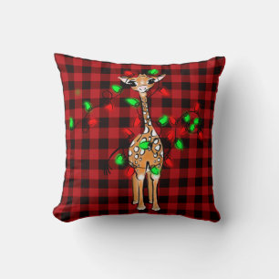 Festive Holiday Giraffe,  twinkle light, red plaid Cushion