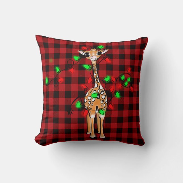 Festive Holiday Giraffe,  twinkle light, red plaid Cushion (Front)