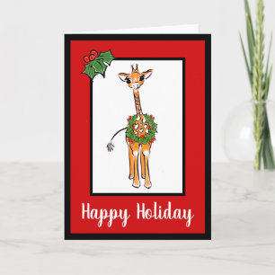 Festive Holiday Giraffe with Holly berry wreath Card