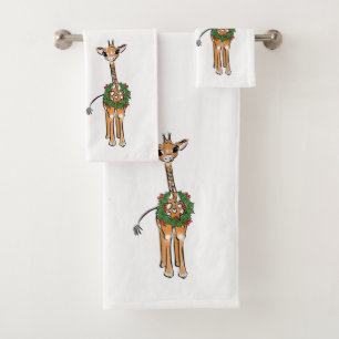 Festive Holiday Giraffe  with  Holly Wreath Bath Towel Set