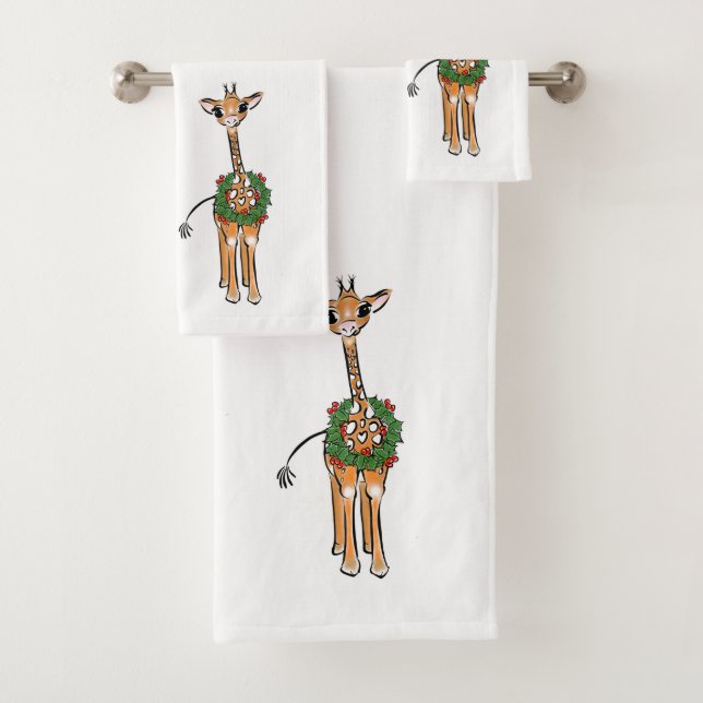 Festive Holiday Giraffe  with  Holly Wreath Bath Towel Set (Insitu)