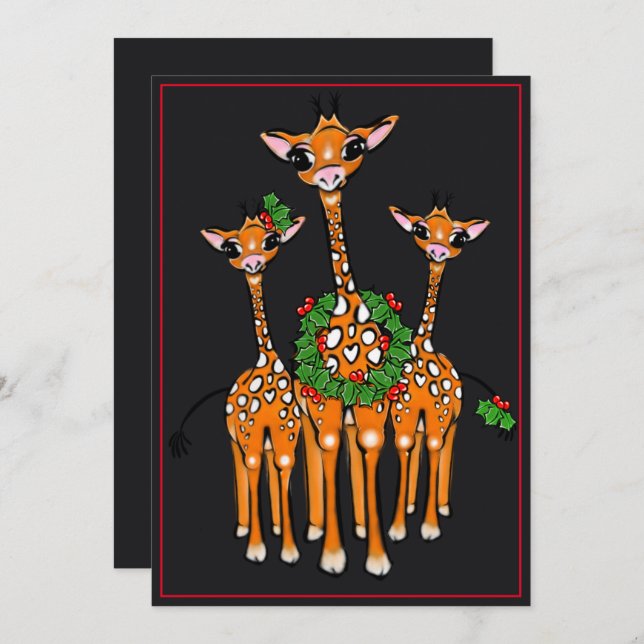 Festive Holiday Giraffes, Holly wreath, Cheers (Front/Back)