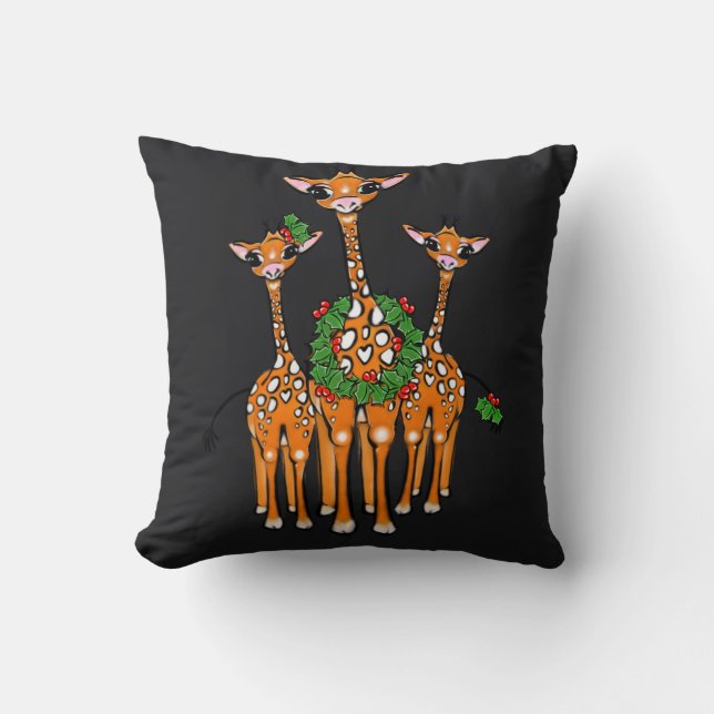 Festive Holiday Giraffes, Holly wreath, Cheers Cushion (Front)