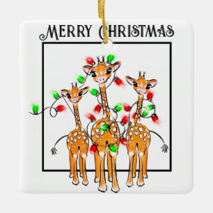 Festive holiday giraffes red green twinkle light ceramic ornament