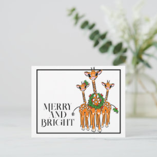 Festive holiday giraffes   red green Xmas wreath   Postcard