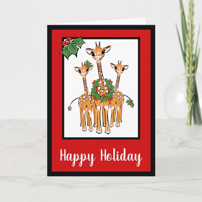 Festive Holiday Giraffes with Holly wreath Card (Front)