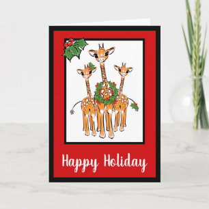 Festive Holiday Giraffes with Holly wreath Card