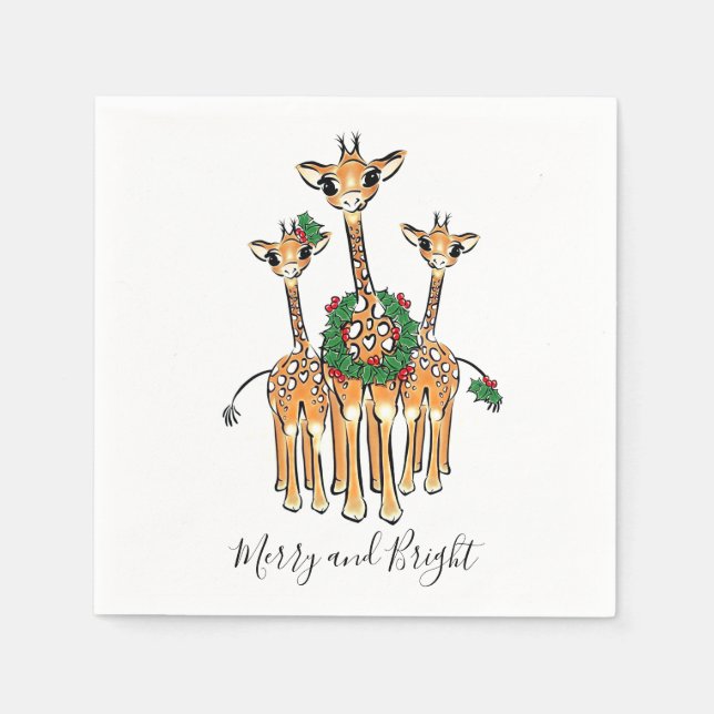 Festive Holiday Giraffes with Holly wreath Napkin (Front)