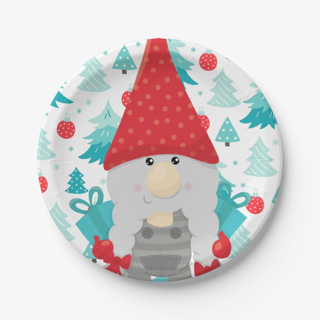 Festive Holiday Gnome with gifts Paper Plate (Front)