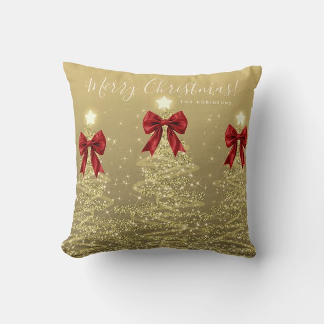 Festive Holiday Gold Christmas Trees Red w/ Name Cushion (Front)