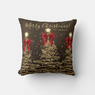 Festive Holiday Gold Christmas Trees Red w/ Name Cushion