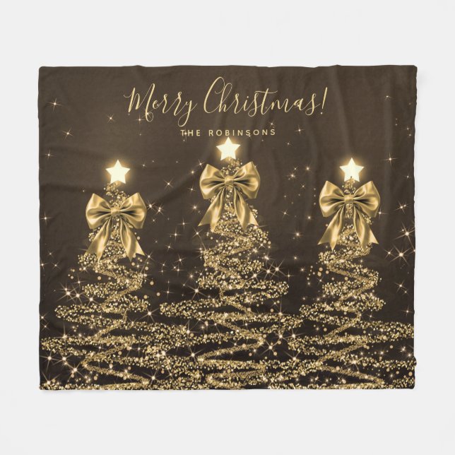 Festive Holiday Gold Christmas Trees w/ Bows Fleece Blanket (Front (Horizontal))