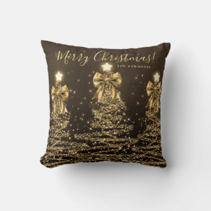 Festive Holiday Gold Christmas Trees w/ Name Cushion