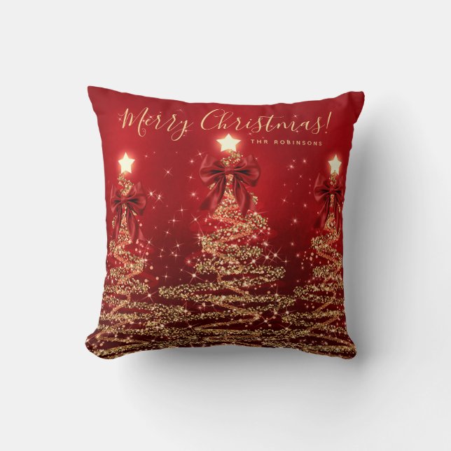 Festive Holiday Gold Red Christmas Trees w/ Name Cushion (Front)