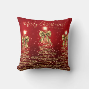 Festive Holiday Gold Red Christmas Trees w/ Name Cushion