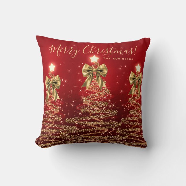 Festive Holiday Gold Red Christmas Trees w/ Name Cushion (Front)