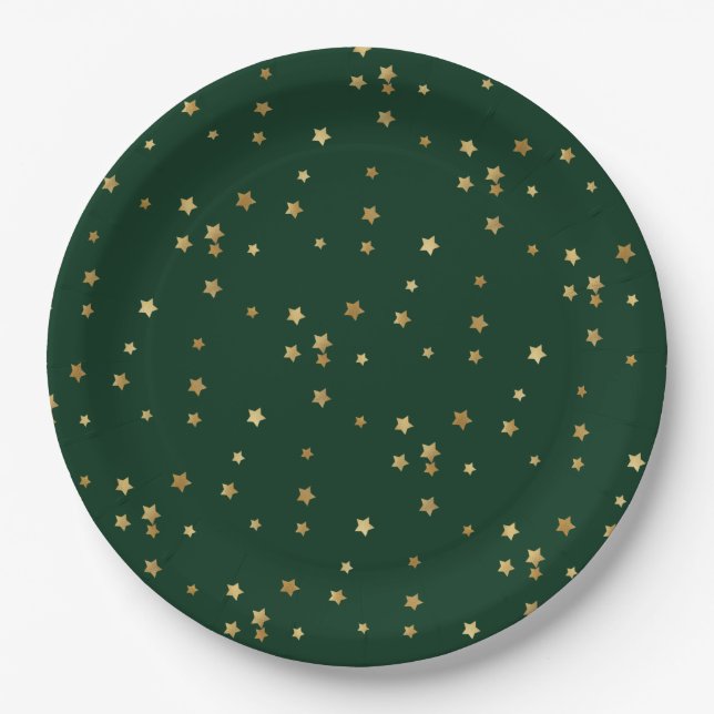 Festive Holiday Green & Glittery Gold Stars Paper Plate (Front)