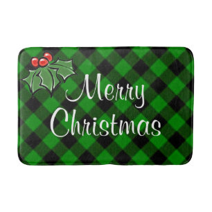 Festive holiday green Plaid Holly berries leaves. Bath Mat