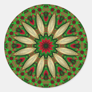 Festive Holiday Green Red Gold Geometric Mandala Classic Round Sticker