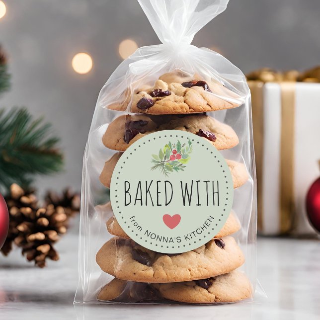 Festive Holiday Greenery Baked With Love Classic Round Sticker (Festive Holiday Greenery Baked With Love Classic Round Sticker)