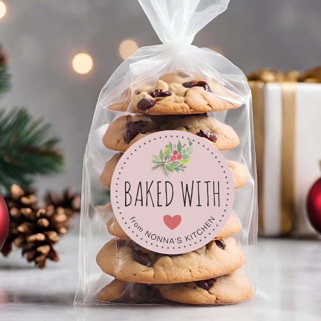 Festive Holiday Greenery Baked With Love Classic Round Sticker (Festive Holiday Greenery Baked With Love Classic Round Sticker)