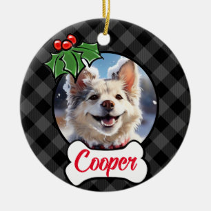 Festive holiday grey Plaid Holly berries leaves Ceramic Ornament