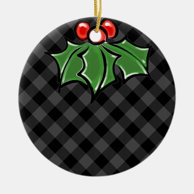 Festive holiday grey Plaid Holly berries leaves Ceramic Ornament (Front)