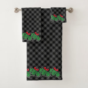 Festive Holiday Grey Plaid with Holly Sprigs Bath Towel Set