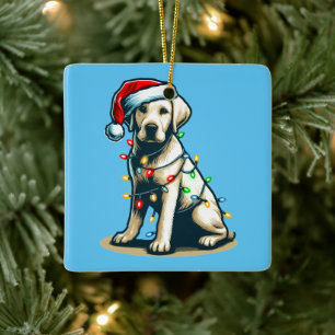 Festive Holiday Labrador Dog with Christmas Light Ceramic Ornament